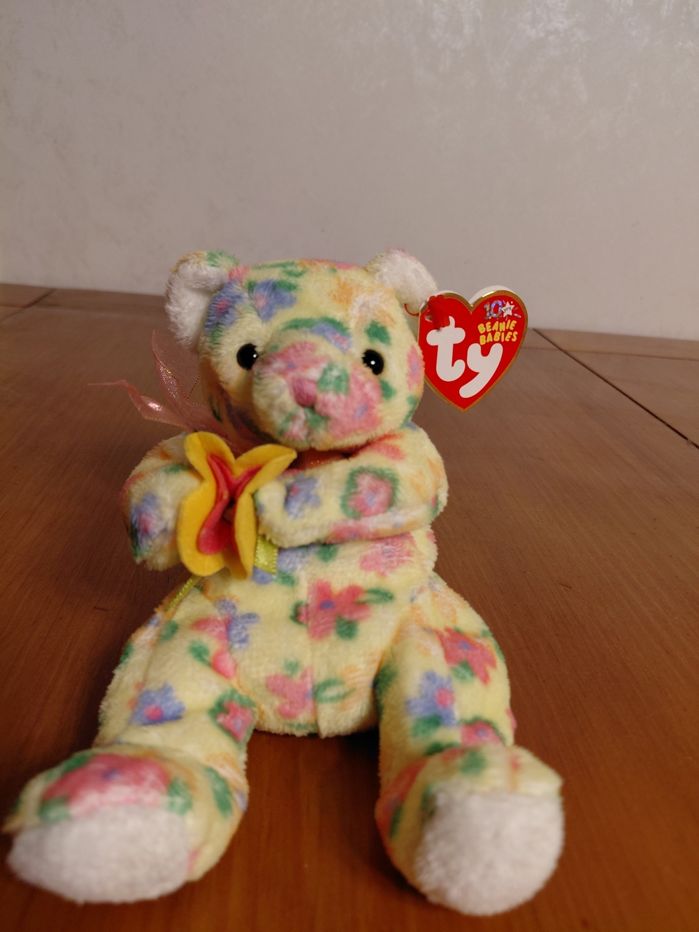 Bloom the Bear Ty Beanie Baby, a floral-patterned plush